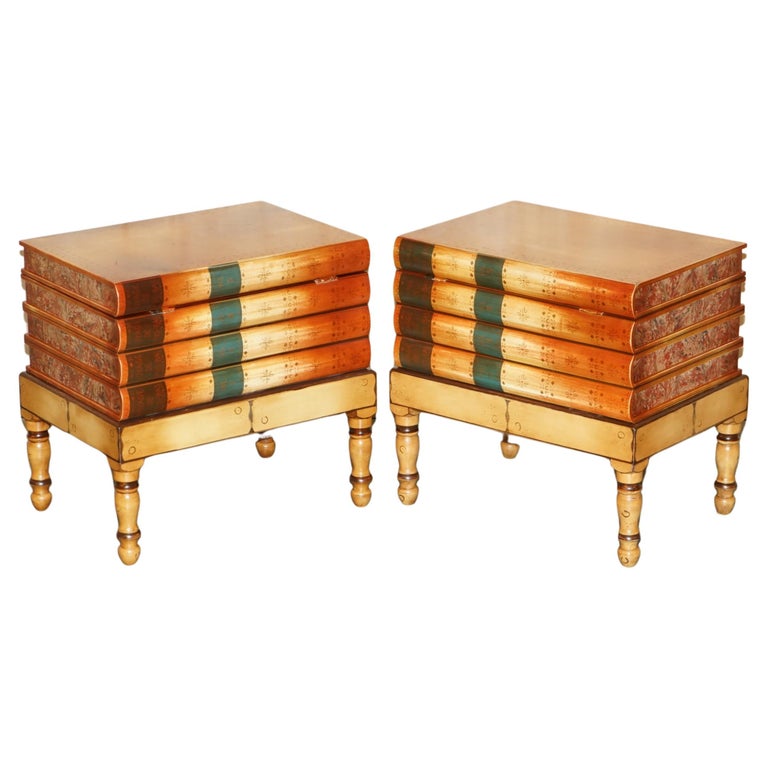 PAIR OF FAUX BOOK TOPPED SIDE END LAMP WINE TABLES WITH HIDDEN INTERNAL STORAGE