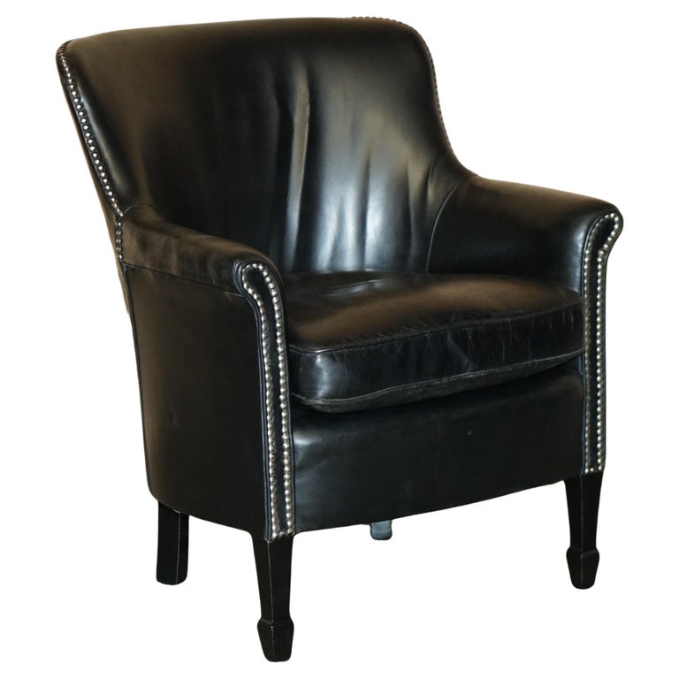 VINTAGE BLACK LEATHER TUB CLUB ARMCHAIR WITH HAND STUDDED UPHOLSTERY