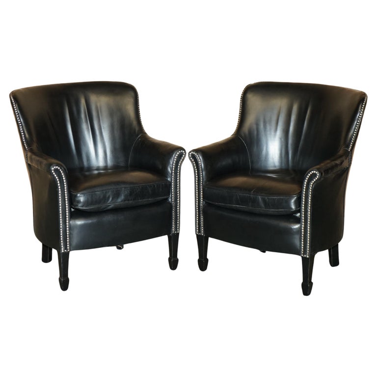 PAIR OF VINTAGE BLACK LEATHER TUB CLUB ARMCHAIRS WITH HAND STUDDED UPHOLSTERY