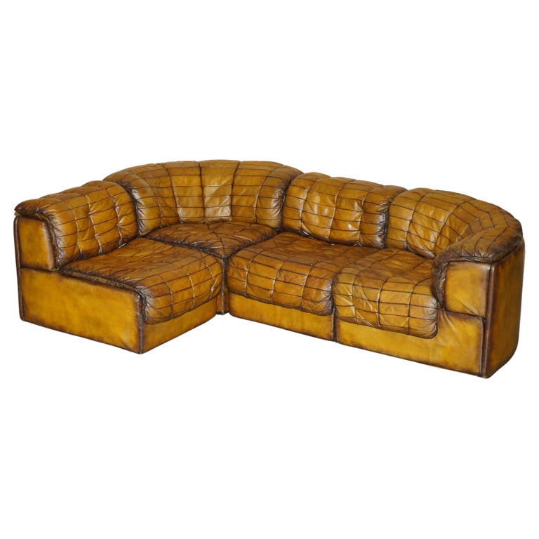 FULLY RESTORED VINTAGE CIGAR BROWN LEATHER DE SEDE DS-11 MODULAR CORNER SOFA