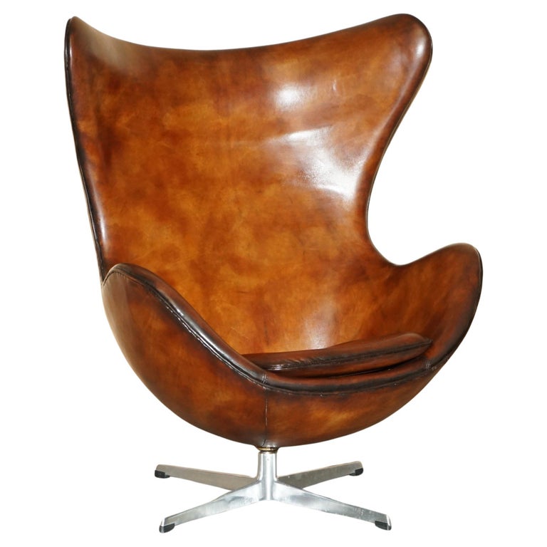 ORIGINAL FULLY RESTORED 1963 FRITZ HANSEN EGG CHAIR & FOOTSTOOL IN BROWN LEATHER