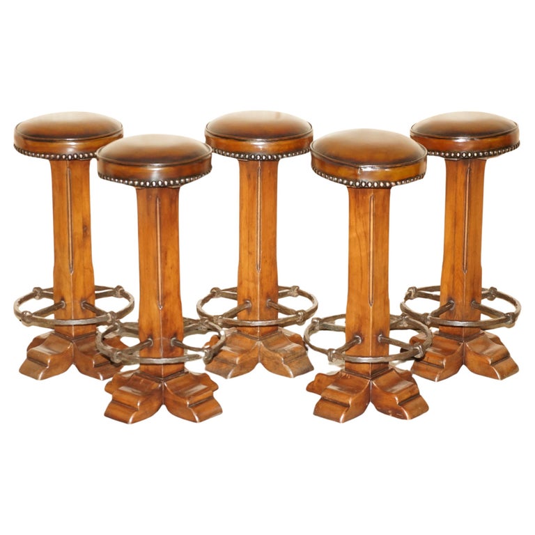 FIVE FULLY RESTORED ANTIQUE EDWARDIAN OAK & BROWN LEATHER KITCHEN BAR STOOLS