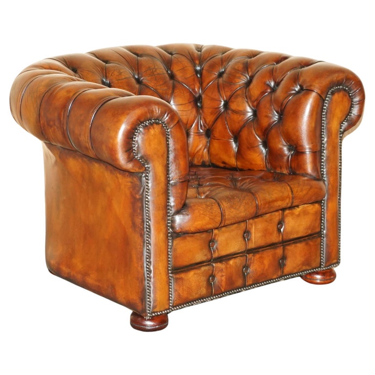 FULLY RESTORED VINTAGE 1930’S CHESTERFIELD CLUB ARMCHAIR WHISKY BROWN LEATHER