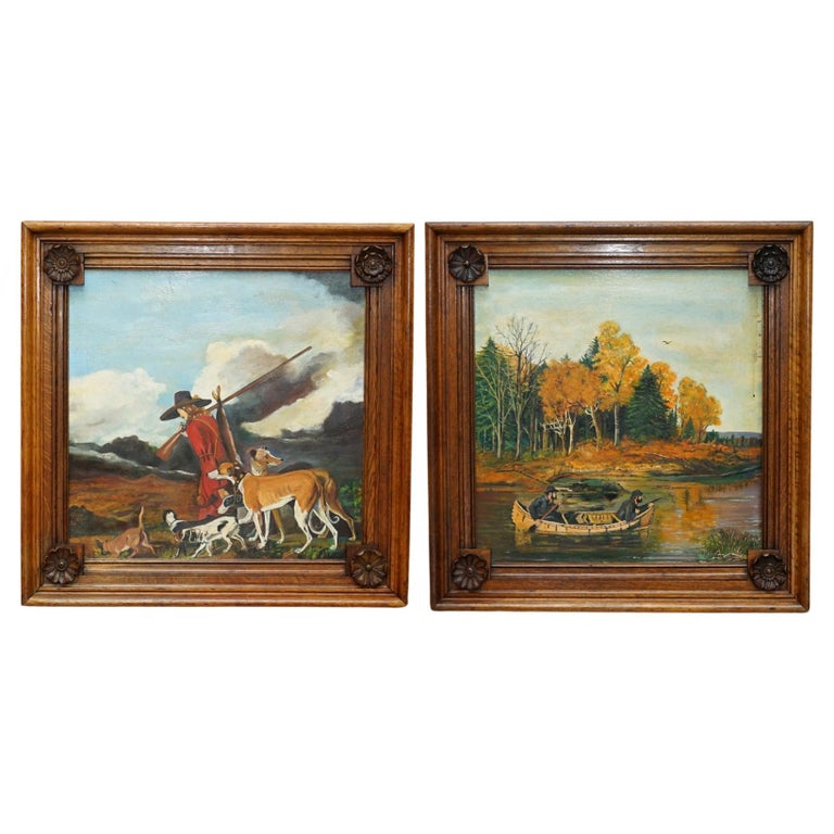 PAIR OF  LARGE ANTIQUE ORIGINAL SWEDISH OIL ON BOARD PAINTINGS CHUNKY OAK FRAMES