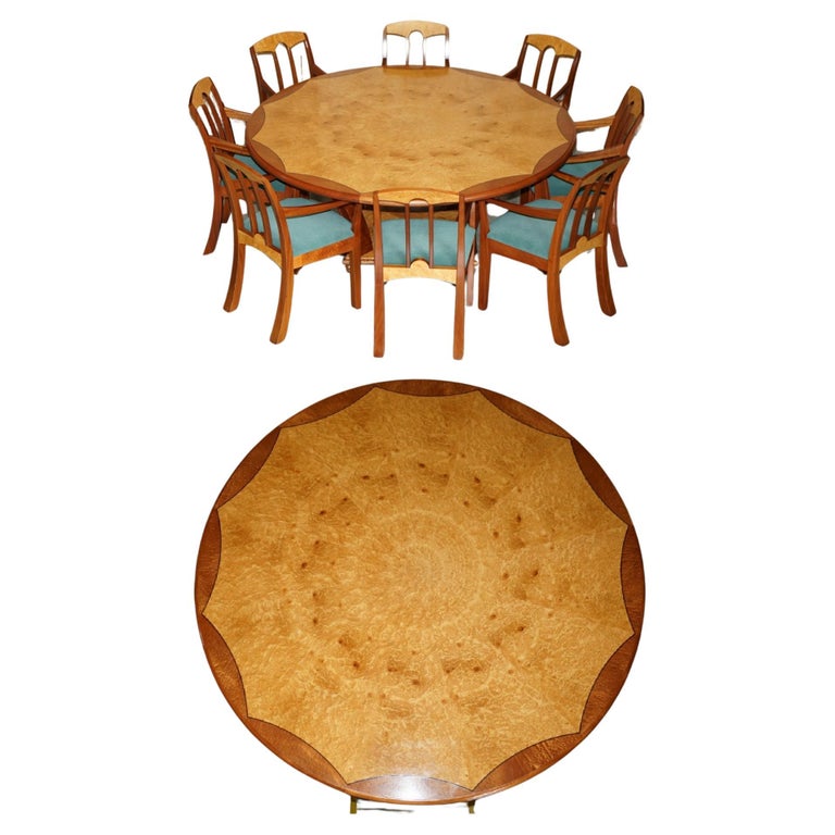 ORIGINAL ANDREW VARAH BURR WALNUT & AMBOYNA WOOD ROUND DINING TABLE & CHAIRS SET