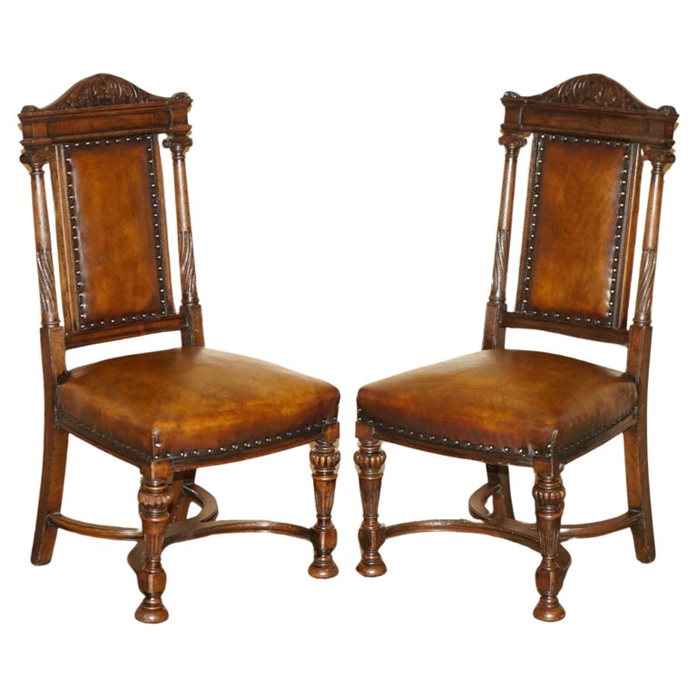 TWO ANTIQUE ITALIAN GRAND TOUR CORINTHIAN PILLAR BROWN LEATHER SIDE HALL CHAIRS