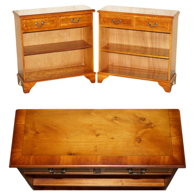 PAIR OF VINTAGE TWO DRAWER BURR YEW WOOD DWARF OPEN LIBRARY BOOKCASES SIDEBOARDS