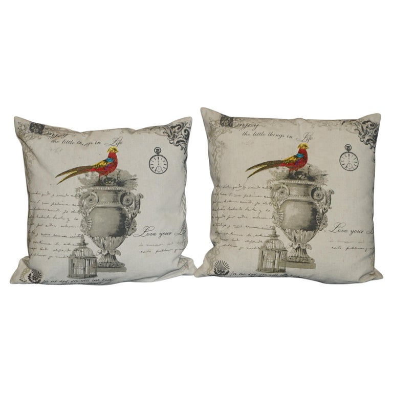 PAIR OF PARROT ON GRAND TOUR VASE SOFA ARMCHAIR CUSHIONS NICE UPHOLSTERY