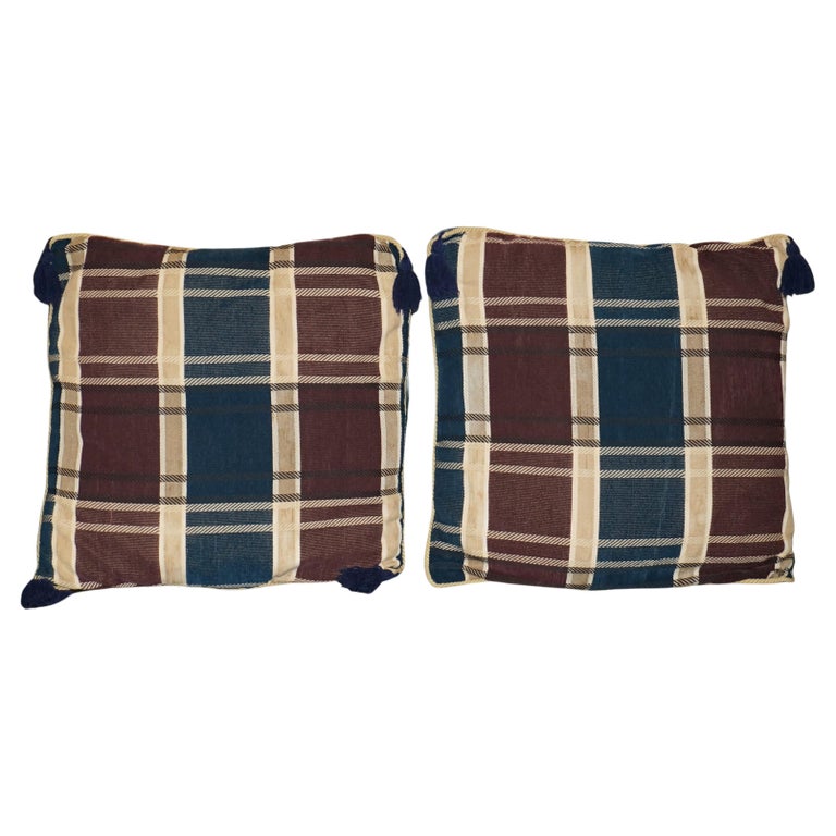 PAIR OF LARGE 55CM TARTAN BLUE VELVET WITH TASSELS SOFA ARMCHAIR CUSHION PILLOWS