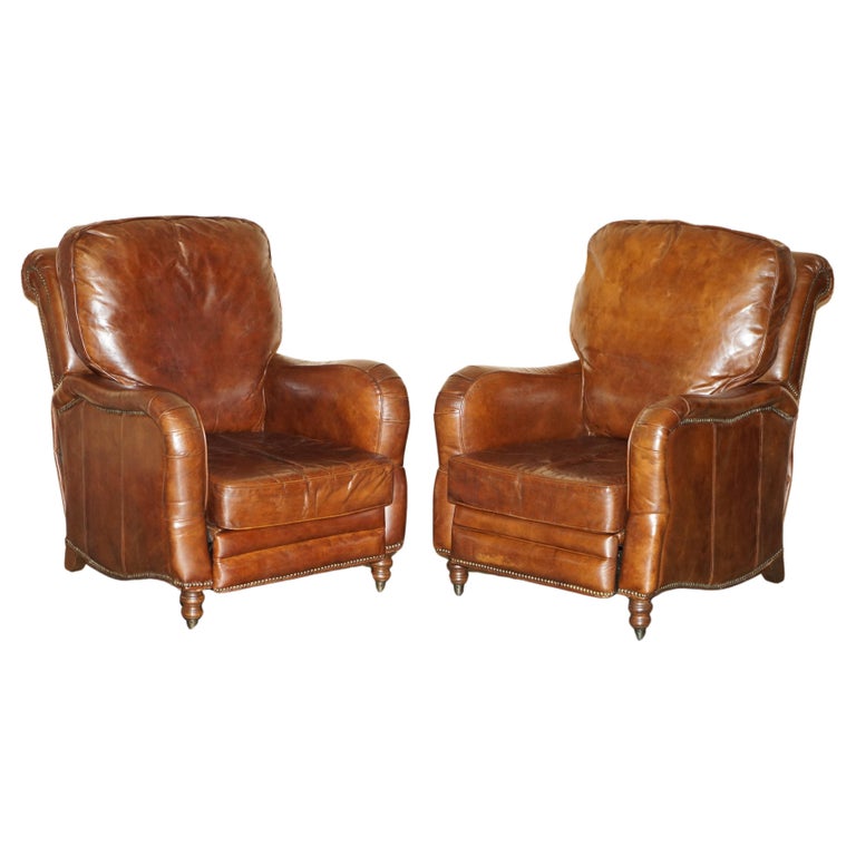 PAIR OF COMFORTABLE VINTAGE HERITAGE BROWN LEATHER RECLINER CLUB ARMCHAIRS