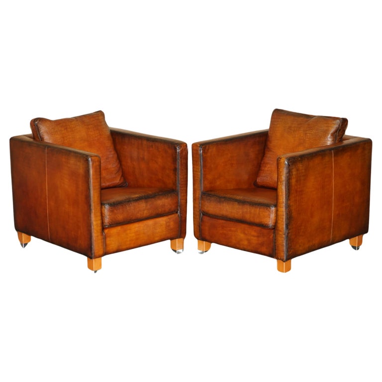 RESTORED PAIR OF MOROSO CROCODILE ALLIGATOR PATINA BROWN LEATHER CLUB ARMCHAIRS