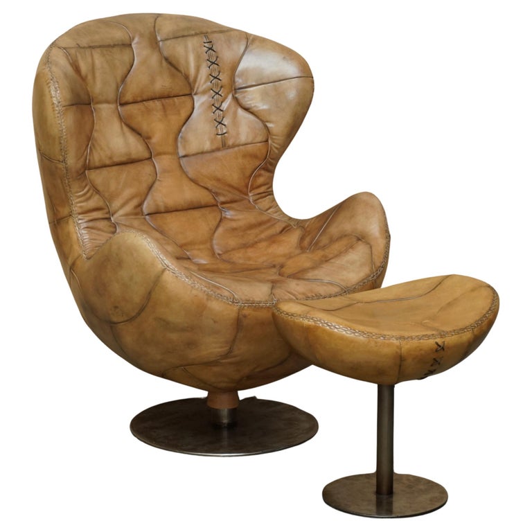 PELE TRIBECA BROWN LEATHER ARMCHAIR & FOOTSTOOL BY MARCON & GIULIO MANTELLASSI