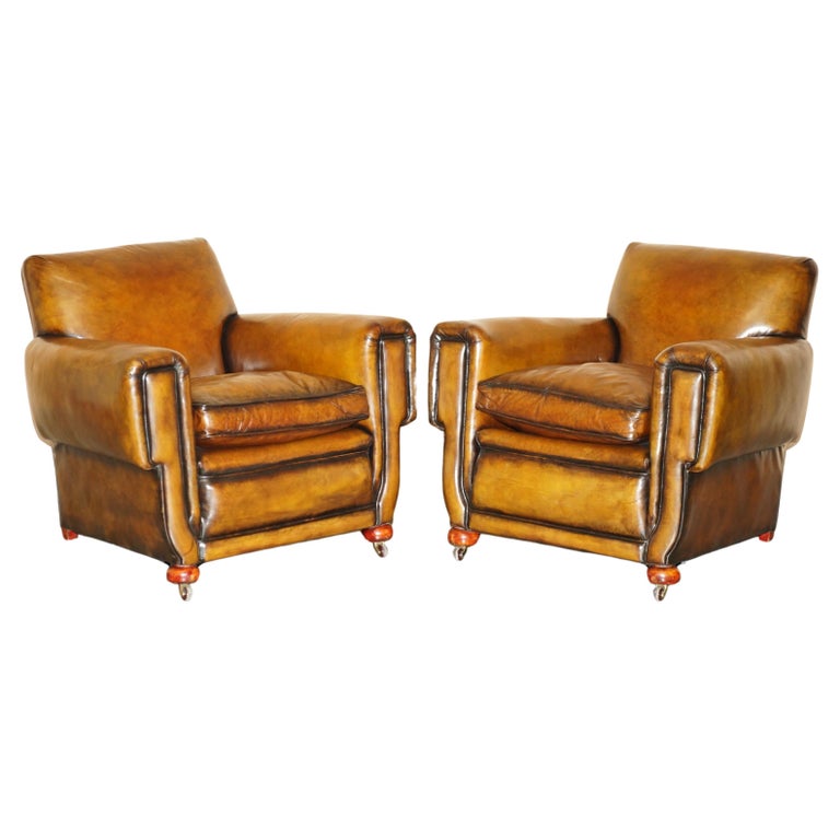 ANTIQUE PAIR OF ART DECO 1920 FULLY RESTORED CIGAR BROWN LEATHER CLUB ARMCHAIRS