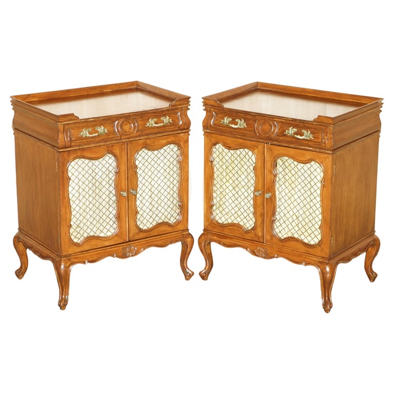 PAIR OF VINTAGE FRENCH WALNUT PIERCED BRASS & SILK SIDE CABINETS WITH DRAWERS