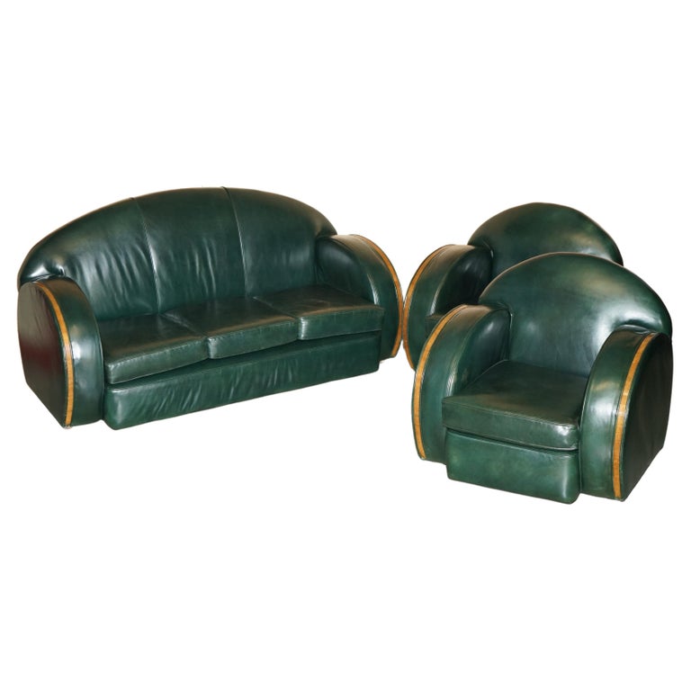 STUNNING ANTIQUE GREEN LEATHER ART DECO SOFA & ARMCHAIR THREE PIECE SUITE