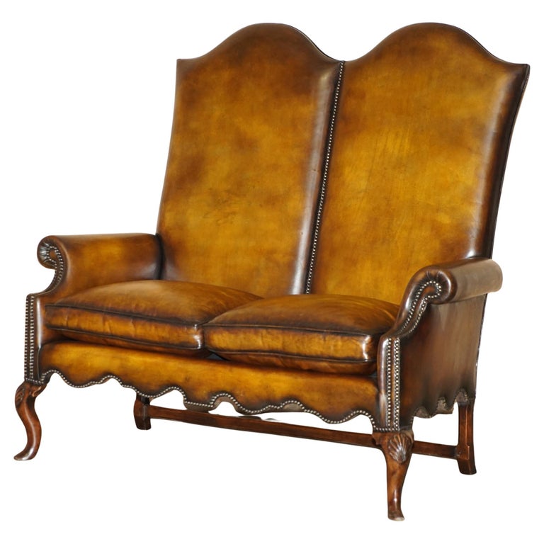 FULLY RESTORED ANTIQUE 1880 GEORGE II STYLE HIGHBACK BROWN LEATHER SETTEE SOFA