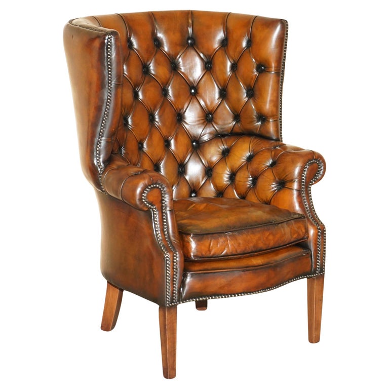 SUPER FINE RESTORED VINTAGE CHESTERFIELD PORTERS WINGBACK ARMCHAIR BROWN LEATHER