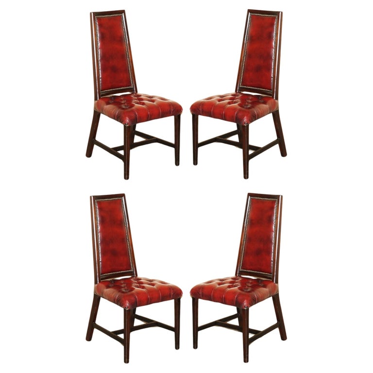 FOUR STUNNING VINTAGE OXBLOOD LEATHER HIGH BACK CHESTERFIELD DINING CHAIRS