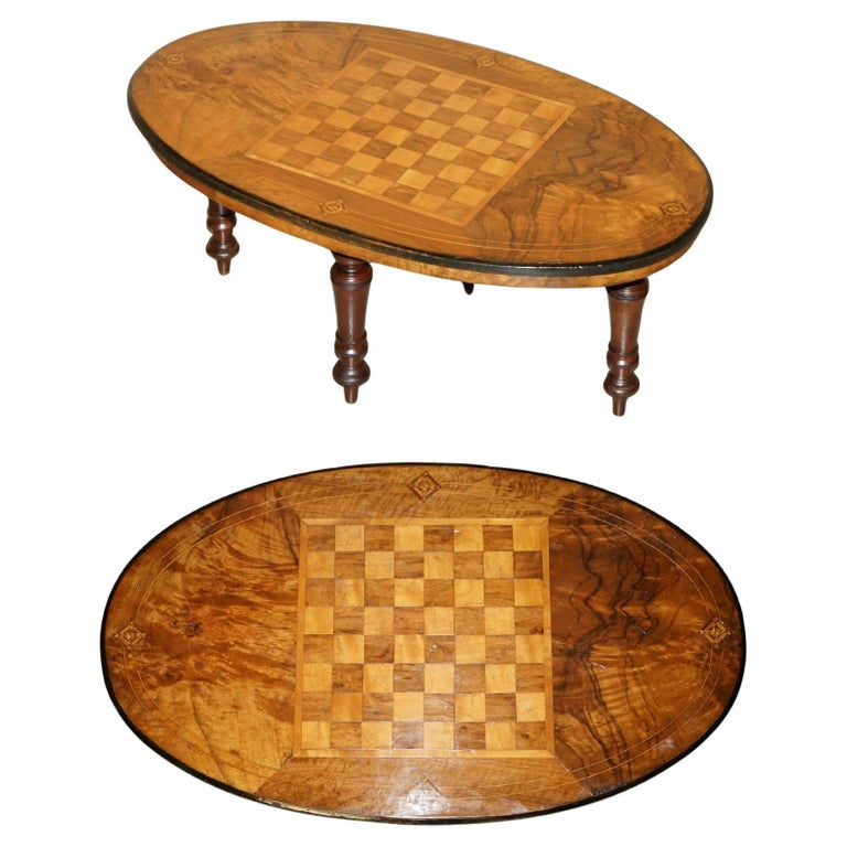 RESTORED VICTORIAN 1880 WALNUT & MAHOGANY MARQUETRY INLAID CHESS GAMES TABLE