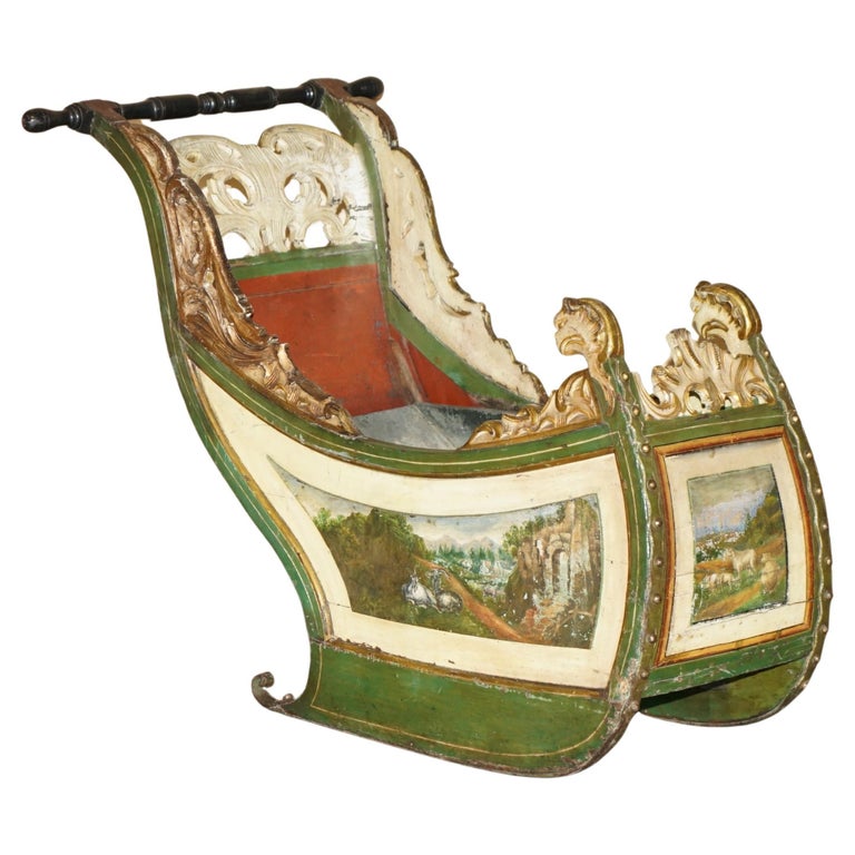 ORIGINAL ANTIQUE DUTCH HAND PAINTED & PARCEL GILT CHILDREN’S SLEIGH ZINC LINED