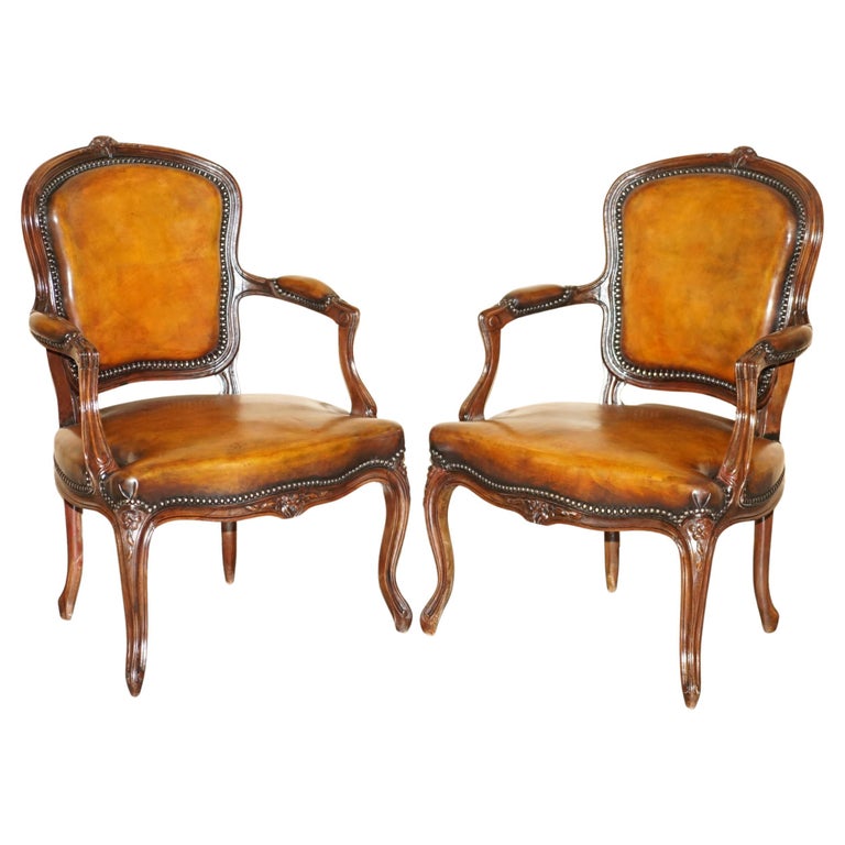 FULLY RESTORED PAIR OF FRENCH LOUIS XV STYLE HAND DYED BROWN LEATHER ARMCHAIRS