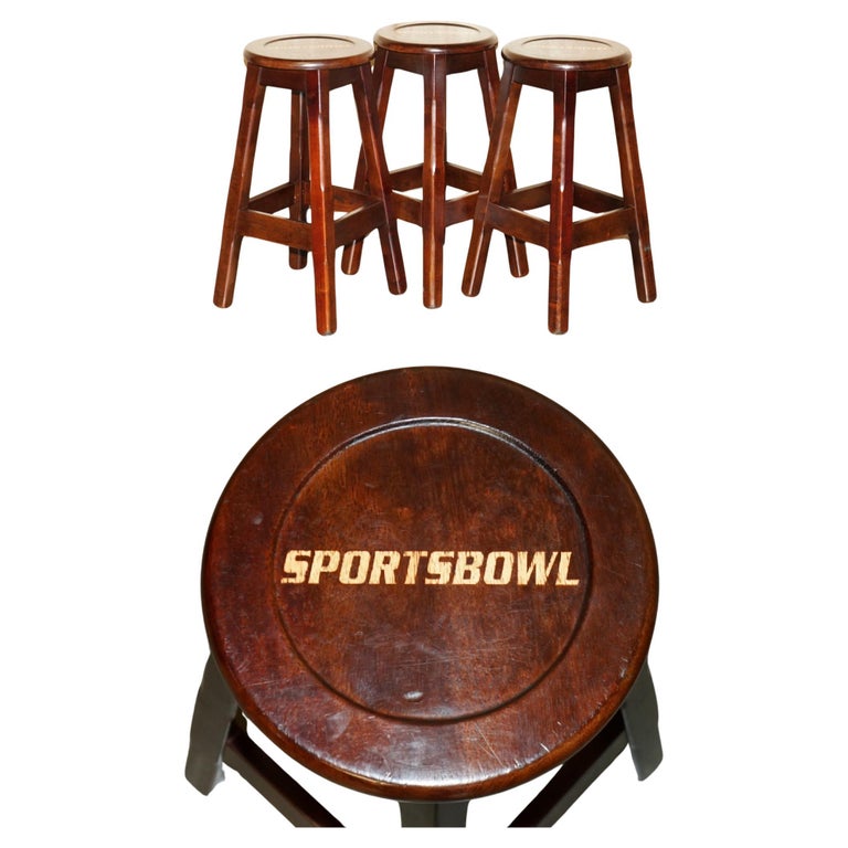 THREE ORIGINAL AMERICAN SPORTS BOWL KITCHEN BAR PUB STOOLS IN MAHOGANY