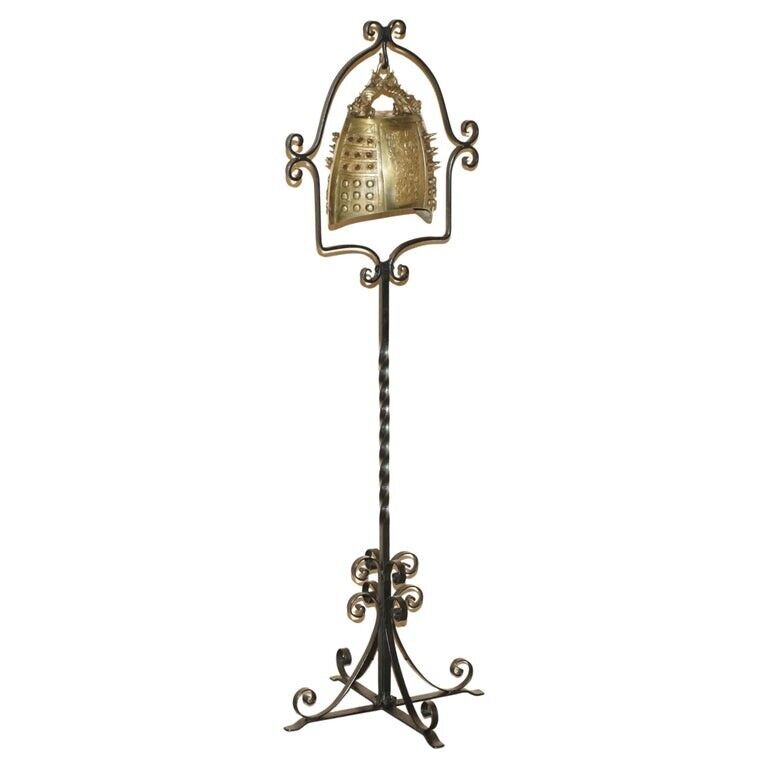 ANTIQUE CIRCA 1920 CHINESE EXPORT FLOOR STANDING BELL WITH WROUGHT IRON STAND