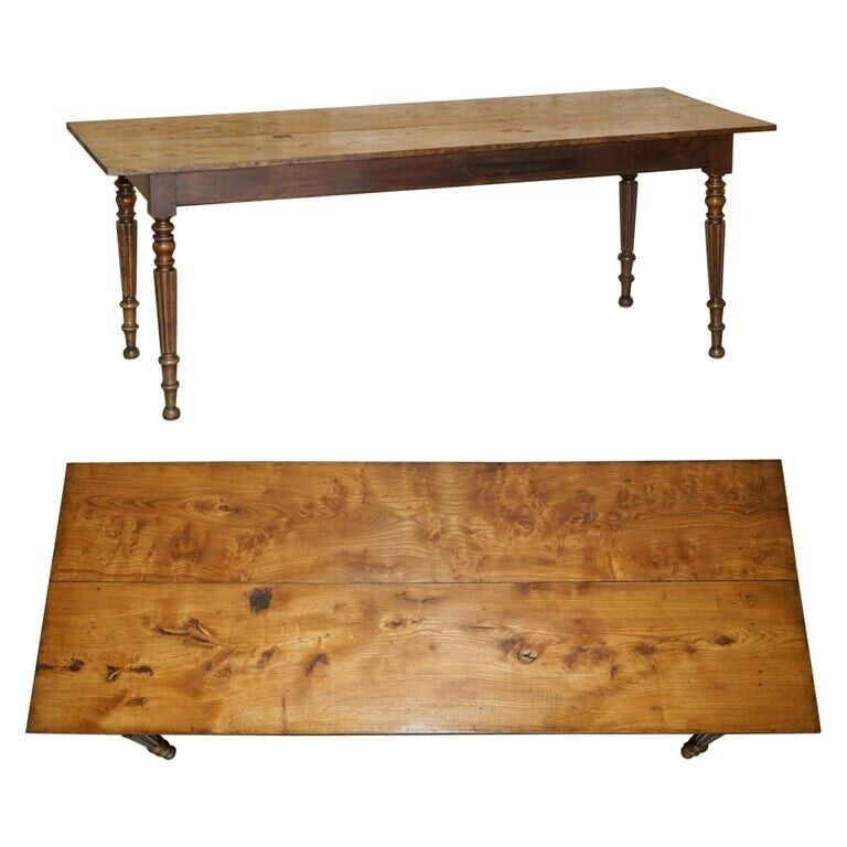 ANTIQUE FRENCH TWO PLANK TOP FARMHOUSE BURR FRUITWOOD REFECTORY DINING TABLE
