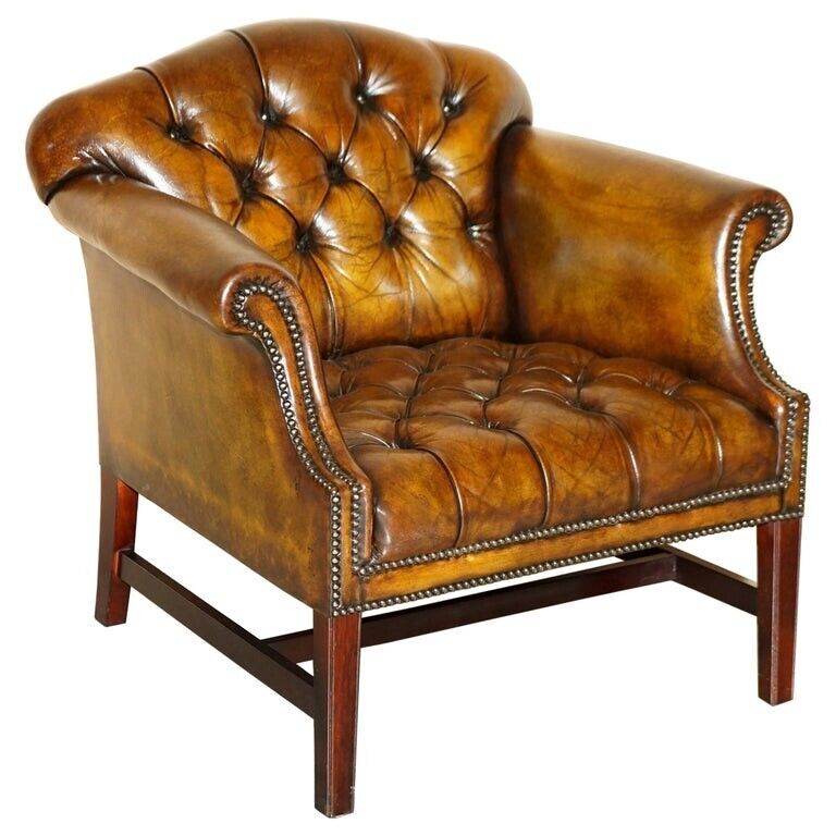ANTIQUE RESTORED CIGAR BROWN LEATHER CHESTERFIELD TUFTED LIBRARY ARMCHAIR