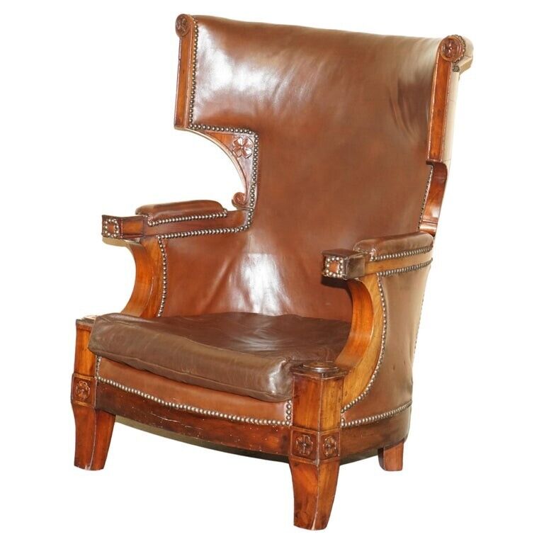 ANTIQUE RESTORED WILLIAM IV PERIOD CIRCA 1830 WINGBACK BROWN LEATHER ARMCHAIR