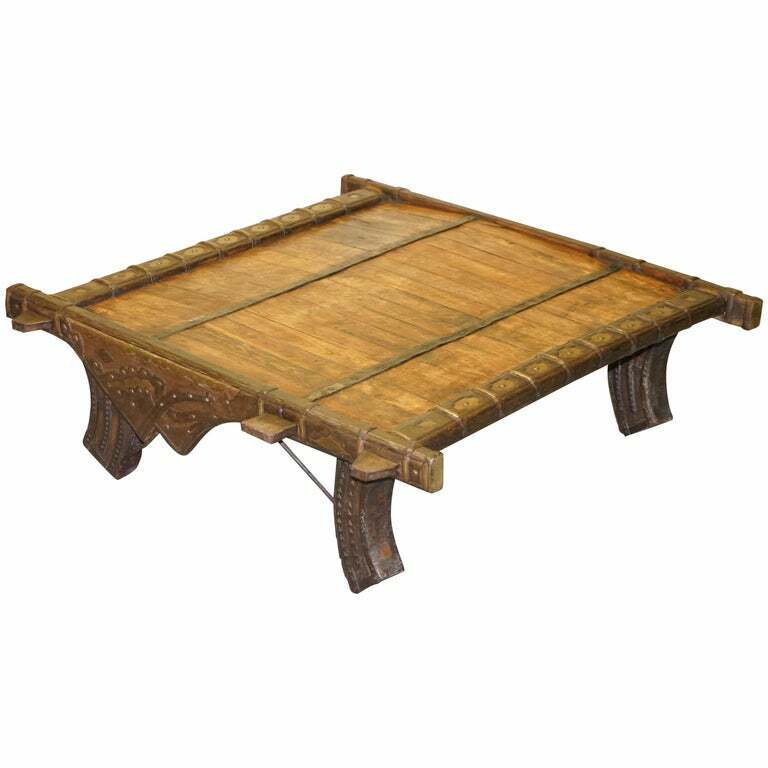 ANTIQUE TIBETAN CAMEL OR OX CART RECLAIMED WOOD & METAL BOUND COFFEE TABLE