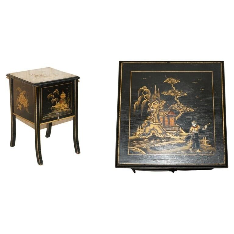 ANTIQUE VICTORIAN CIRCA 1880 CHINESE CHINOISERIE LACQUERED SEWING TABLE WORK BOX