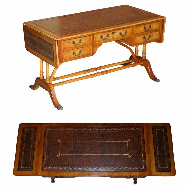 EXTENDING WRITING TABLE DESK, BURR YEW WOOD BROWN LEATHER GOLD LEAF EMBOSSED TOP