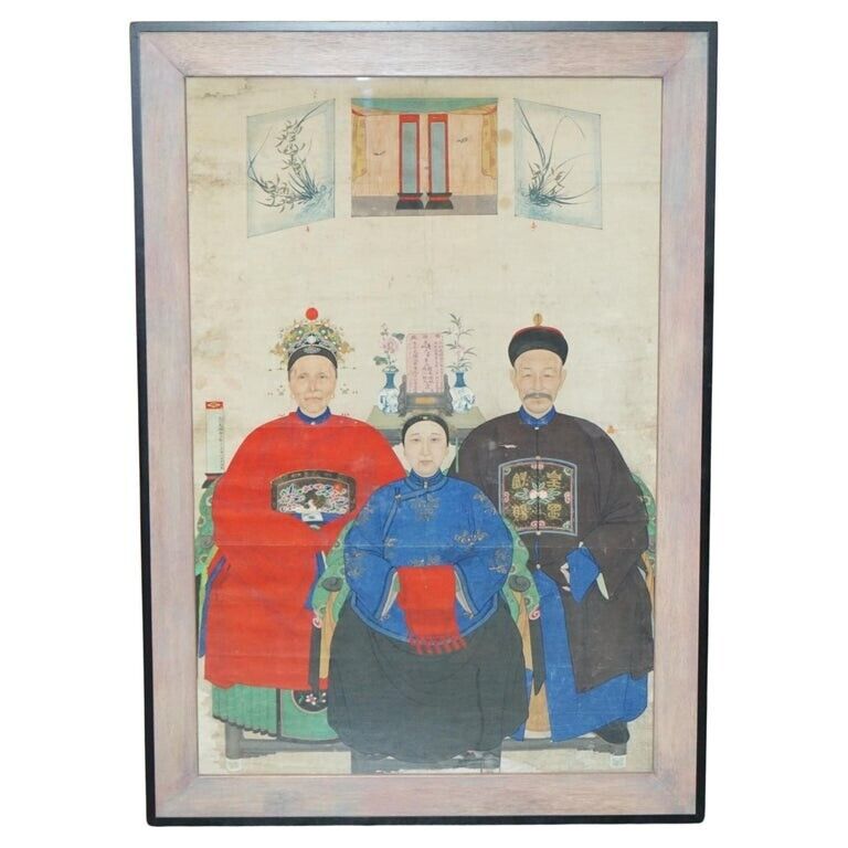 EXTRA LARGE 162X113CM ANTIQUE CHINESE ANCESTRAL PORTRAIT WITH LOVELY BLACK FRAME