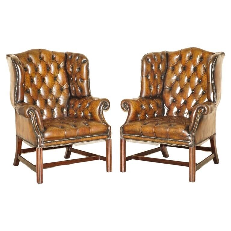 FULLY RESTORED PAIR OF HAND DYED BROWN LEATHER CHESTERFIELD WINGBACK ARMCHAIRS