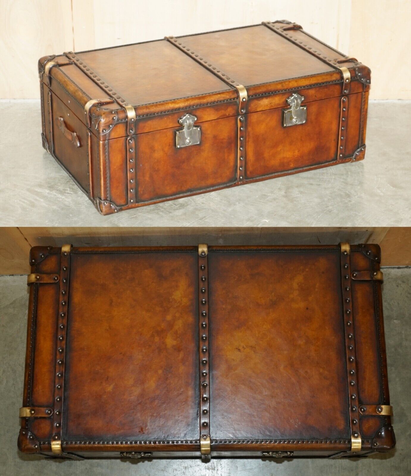 HUGE VINTAGE FULLY RESTORED BROWN LEATHER STORAGE TRUNK COFFEE COCKTAIL TABLE
