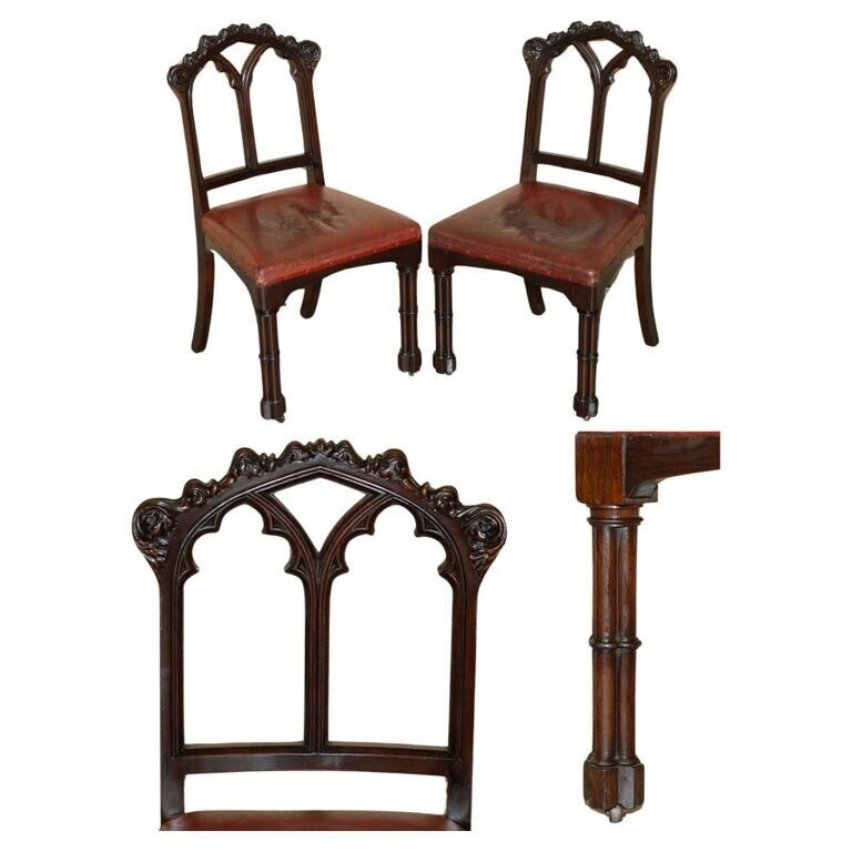PAIR OF ANTIQUE GOTHIC A.W.N PUGIN SIDE CHAIRS CHIPPENDALE CLUSTER COLUMN LEGS