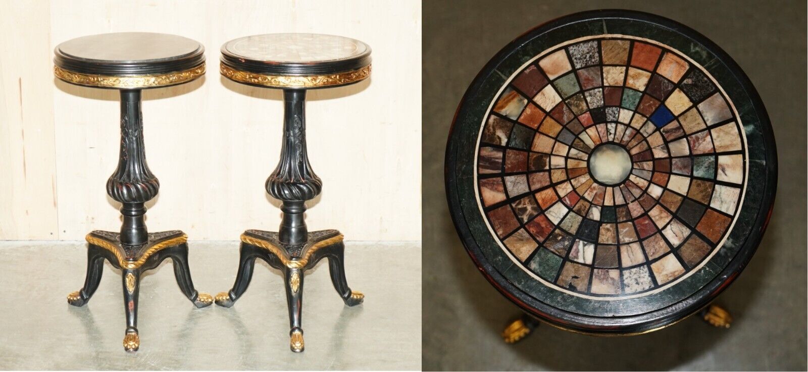 PAIR OF VINTAGE FRENCH SIDE TABLES ONE WITH A SPECIMEN PIETRA DURA MARBLE TOP