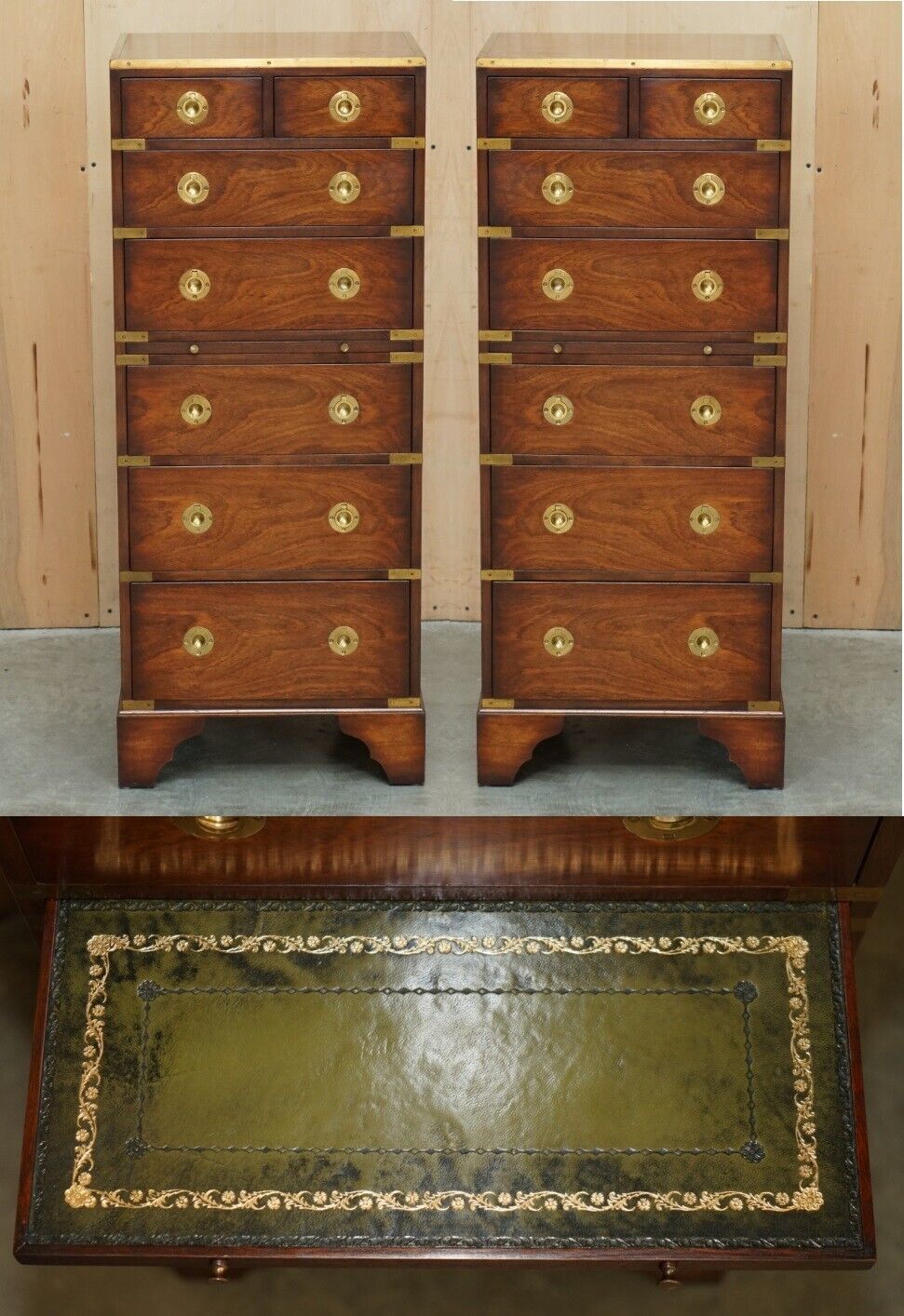 PAIR OF VINTAGE MILITARY CAMPAIGN TALLBOY CHESTS OF DRAWERS GREEN LEATHER TRAYS