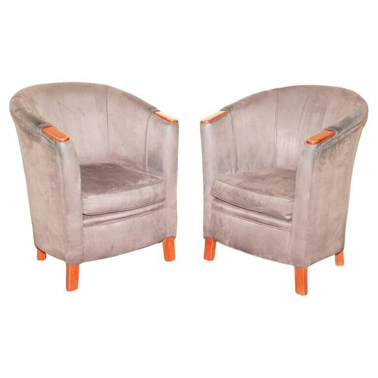PAIR OF VINTAGE SUEDE TUB ARMCHAIRS WITH WOODEN ARMRESTS NICELY SIZED PIECES