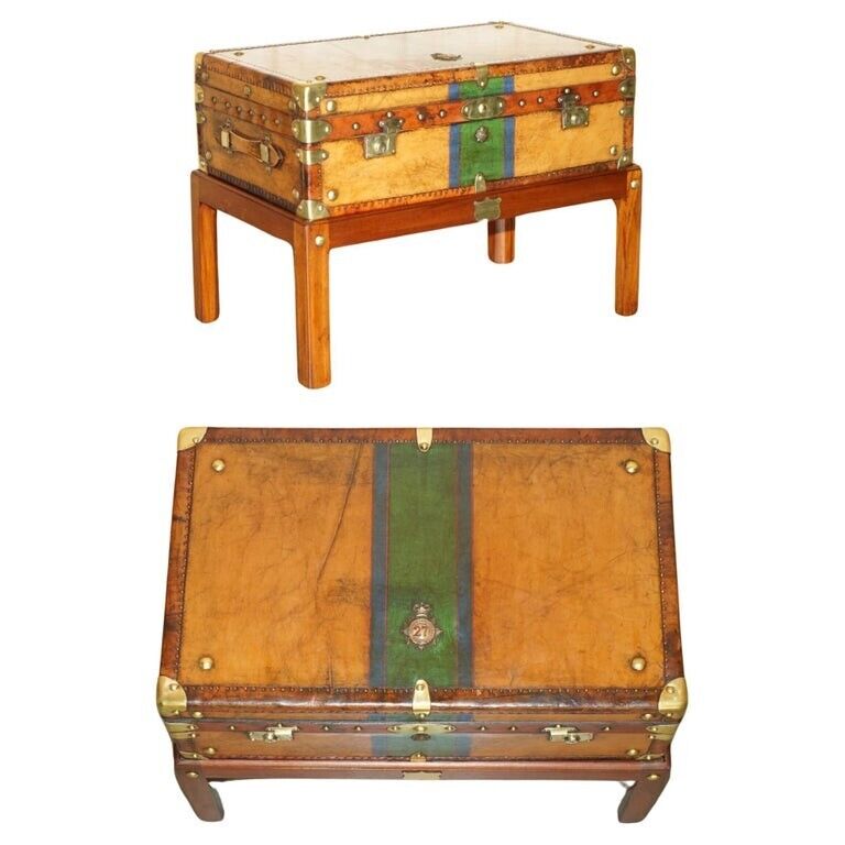 RESTORED BRITISH ARMY BROWN LEATHER TRUNK COFFEE TABLE HONI SOIT QUI MAL Y PENSE