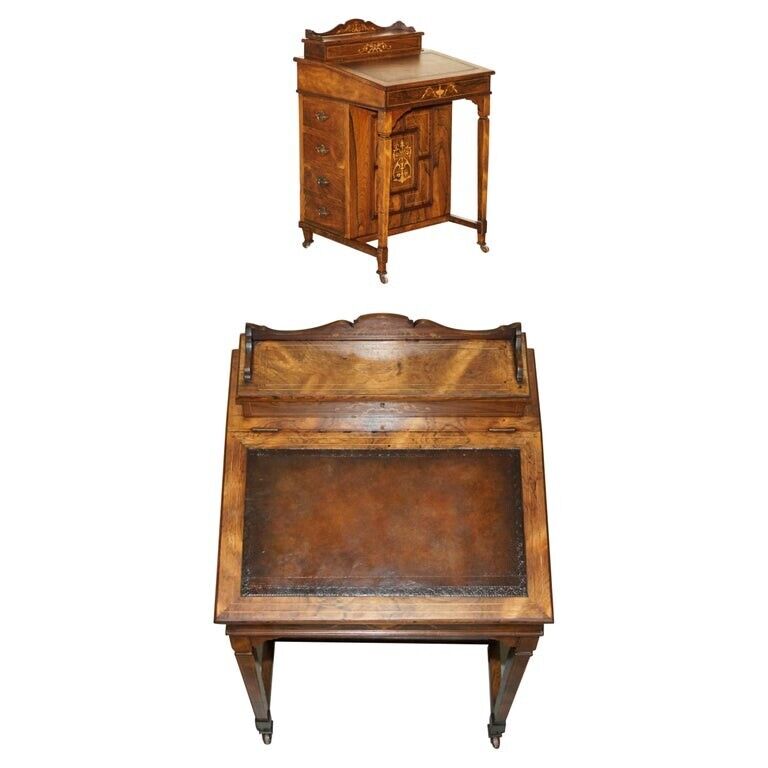 RESTORED VICTORIAN ROSEWOOD MARQUETRY INLAID & BROWN LEATHER DAVENPORT DESK