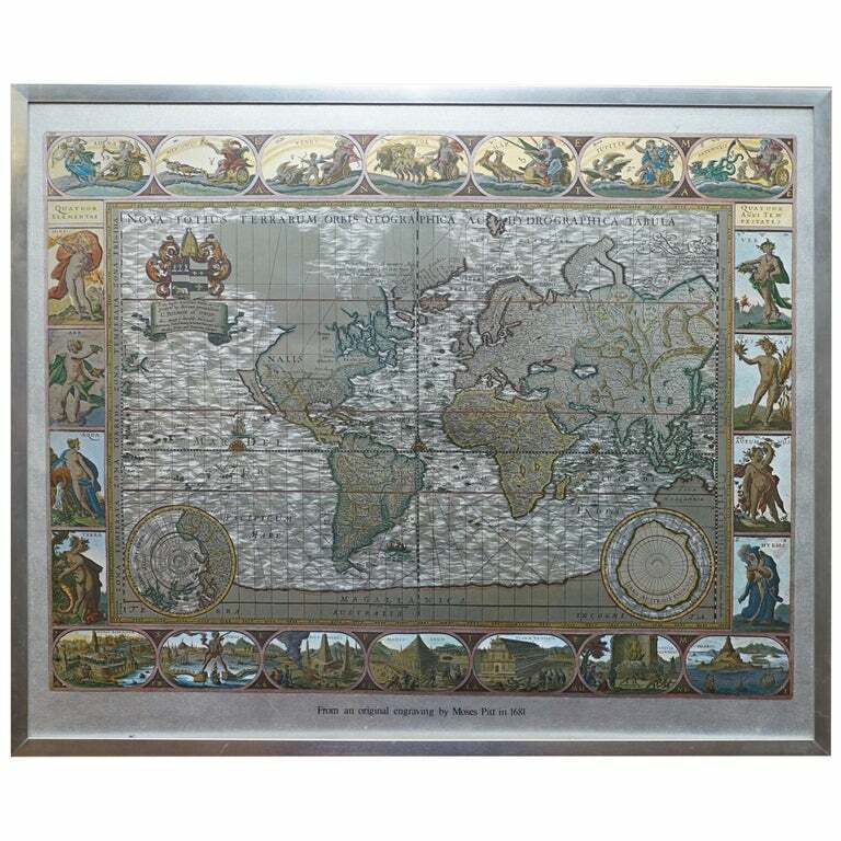 SILVER LEAF FOIL WALL WORLD MAP ENGRAVING BASED ON THE ORIGINAL MOSES PITT 1681