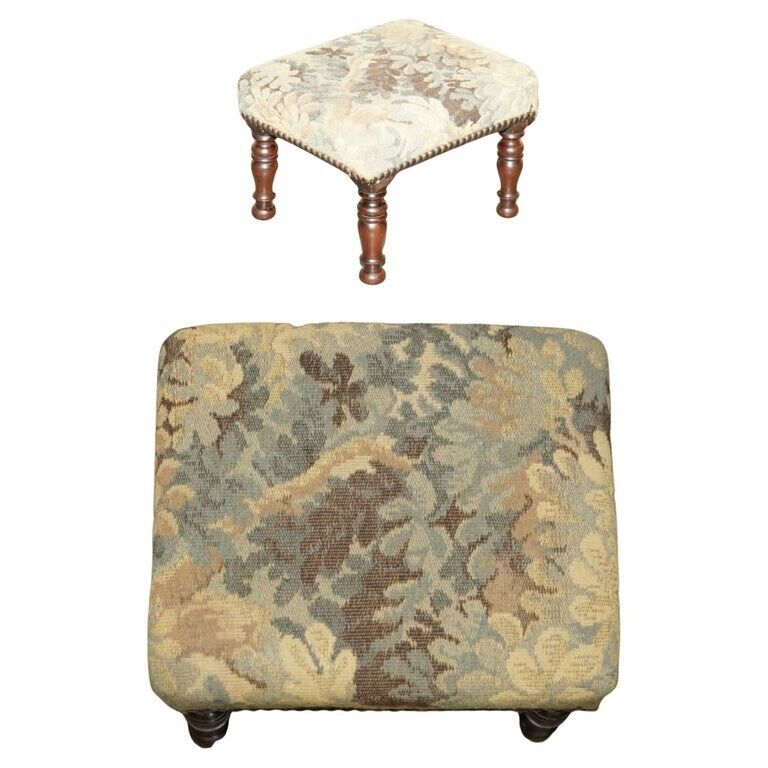 SMALL ANTIQUE GEORGIAN STYLE ENGLISH COUNTRY HOUSE FOOTSTOOL EMBROIDERED TOP