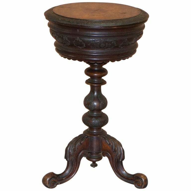 STUNNING BURR WALNUT VICTORIAN SEWING TABLE HEAVILY CARVED ALL OVER VELVET LINED