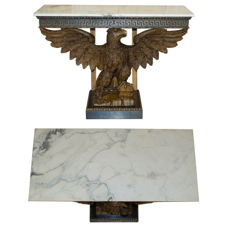 SUBLIME HAND CARVED ANTIQUE EAGLE CONSOLE TABLE WITH ITALIAN CARRARA MARBLE TOP