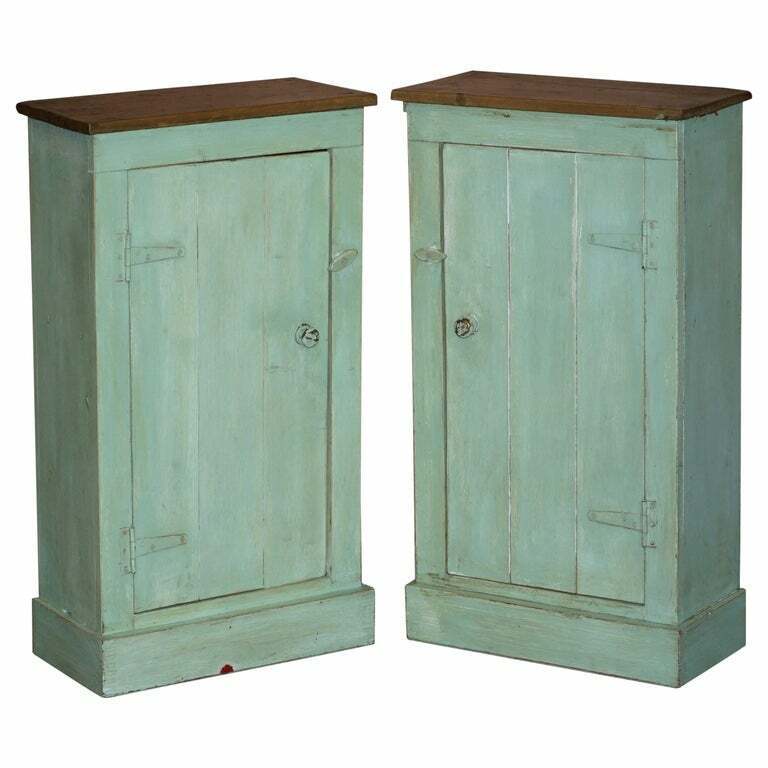 TALL PAIR OF HAND PAINTED PINE SIDE LAMP TABLE DISPLAY CUPBOARDS ORIGINAL PATINA