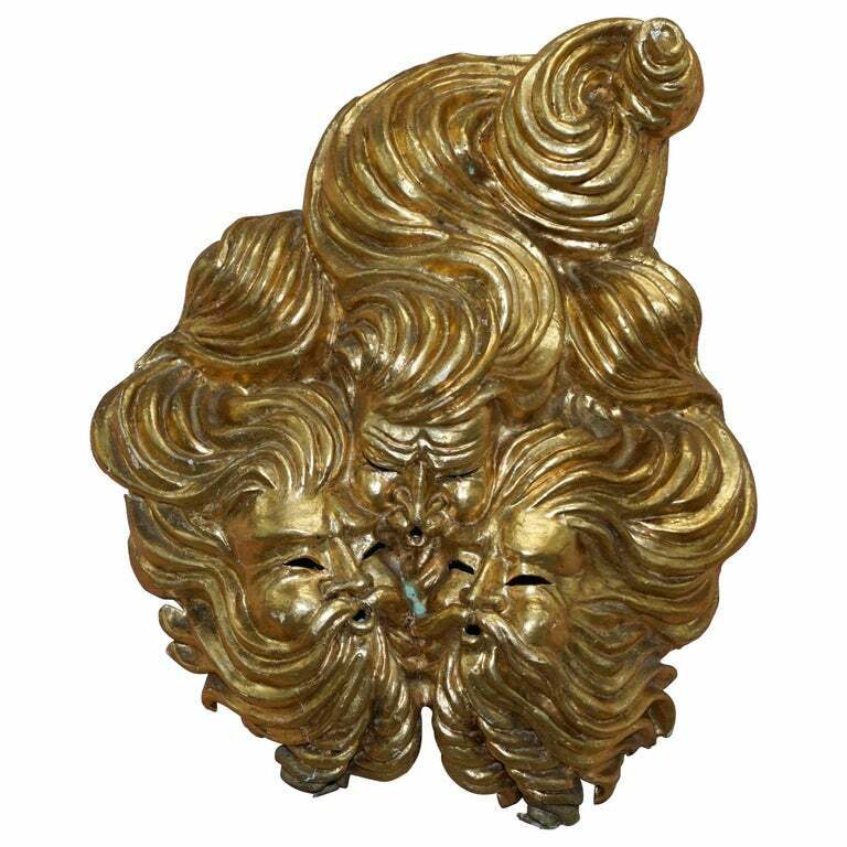 VERY LARGE GOLD GILT PAPIER MACHE WALL HANGING MASK OF THE GODS OF WIND IN MASK