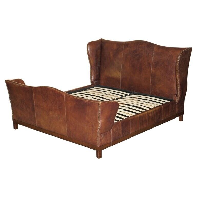 VERY RARE HUGE HAND DYED BROWN LEATHER WINGBACK SUPER KING SIZE BED FRAME