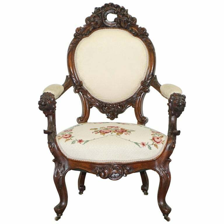 VICTORIAN SHOW FRAME LION CARVED WALNUT SALON ARMCHAIR EMBROIDERED UPHOLSTERY